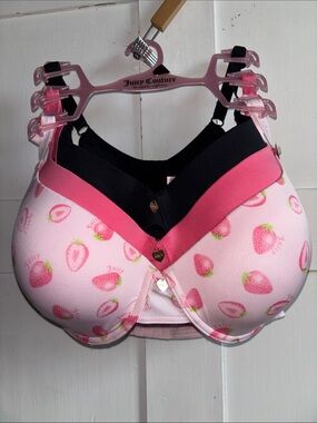 Juicy Couture 3 Pack Pink Strawberry Print Black Padded T-Shirt Bra Size 38 DD